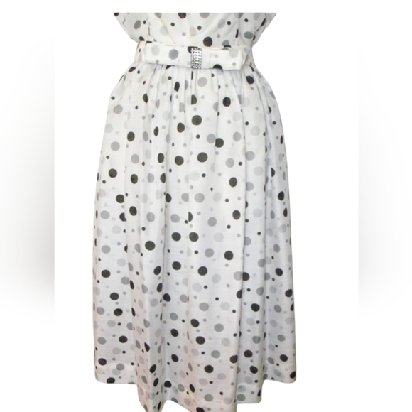 Vintage 1950s White & Black Polka Dots Print Dress with Belt - Picture 5 of 9